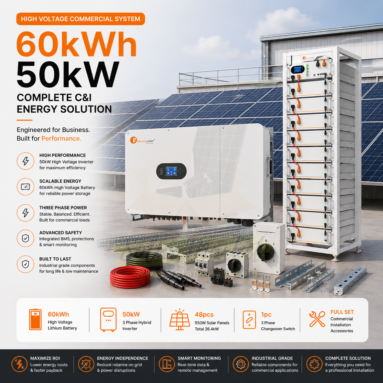 Felicitysolar 60kWh 50kW High Voltage Commercial Solar Power System with 3 Phase Hybrid Inverter, 48 x 550W Solar Panels, 3 Phase Changeover Switch & Full Commercial Installation Accessories