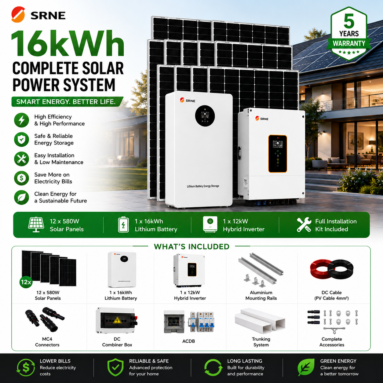 SRNE 16kWh Complete Solar Power System with 12kW Hybrid Inverter, 16kWh Lithium Battery, 580W Solar Panels, Mounting Rails, DC/AC Cables, MC4 Connectors, DC Combiner Box, ACDB, Trunking System & Complete Installation Accessories. Ideal for Larger residential backup systems, Small office solar