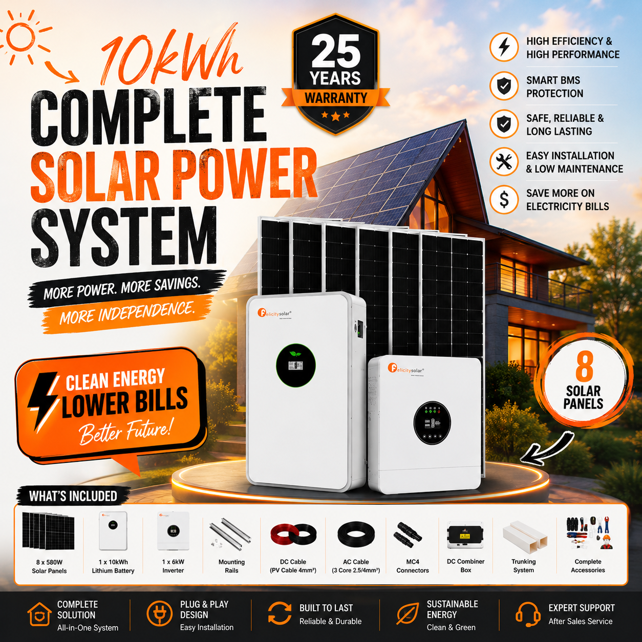 Felicity 10kWh Complete Solar Power System with 6kW Inverter, 10kWh Lithium Battery, 8 x 580W Solar Panels, Mounting Rails, DC/AC Cables, MC4 Connectors, DC Combiner Box, Trunking System