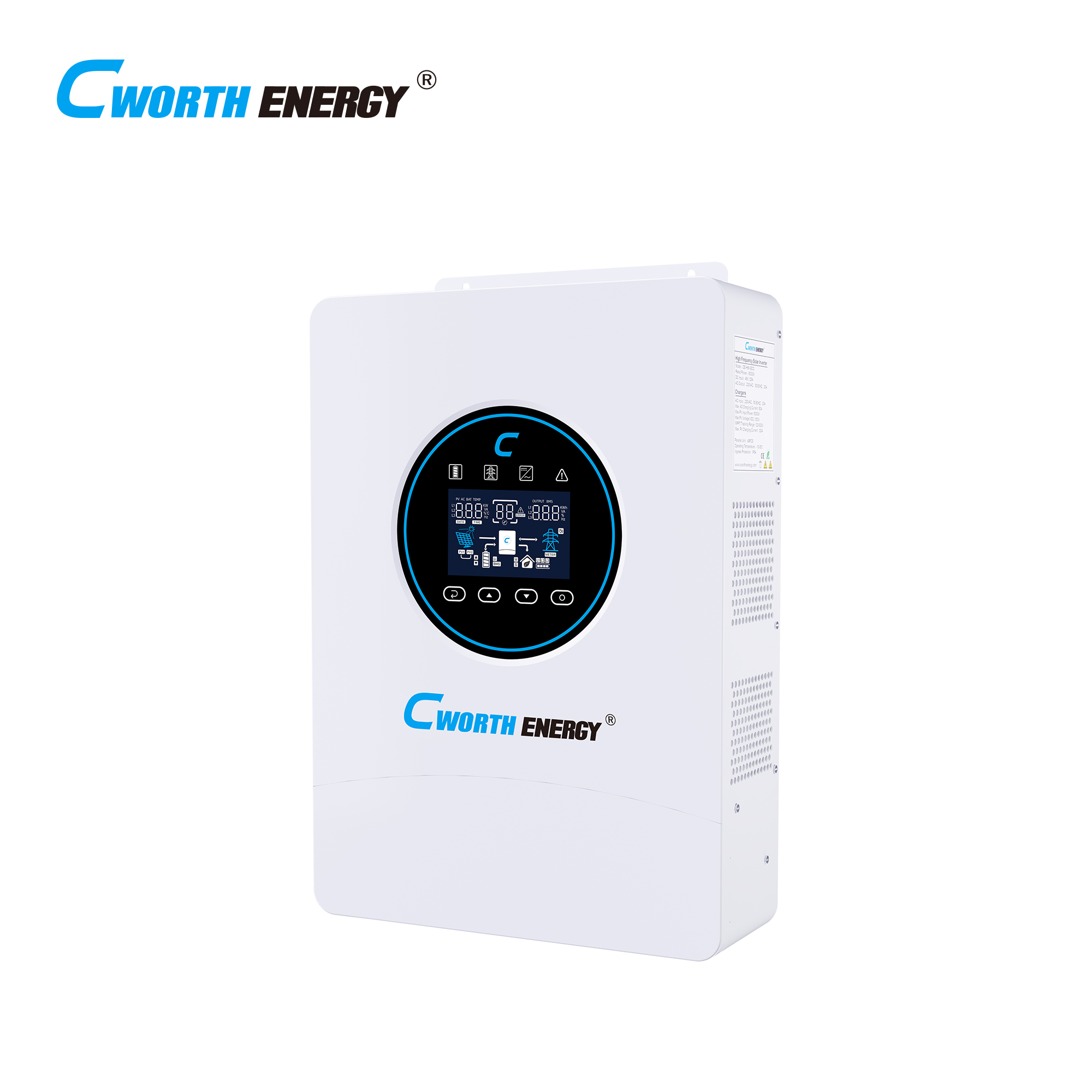 Cworth 6kW High Voltage Hybrid Inverter for Home and Small Business Backup 48V 230VAC Output 500V PV Open Circuit Dual MPPT 120A Charge 12-Unit Parallel Expandable (CE-H6K)