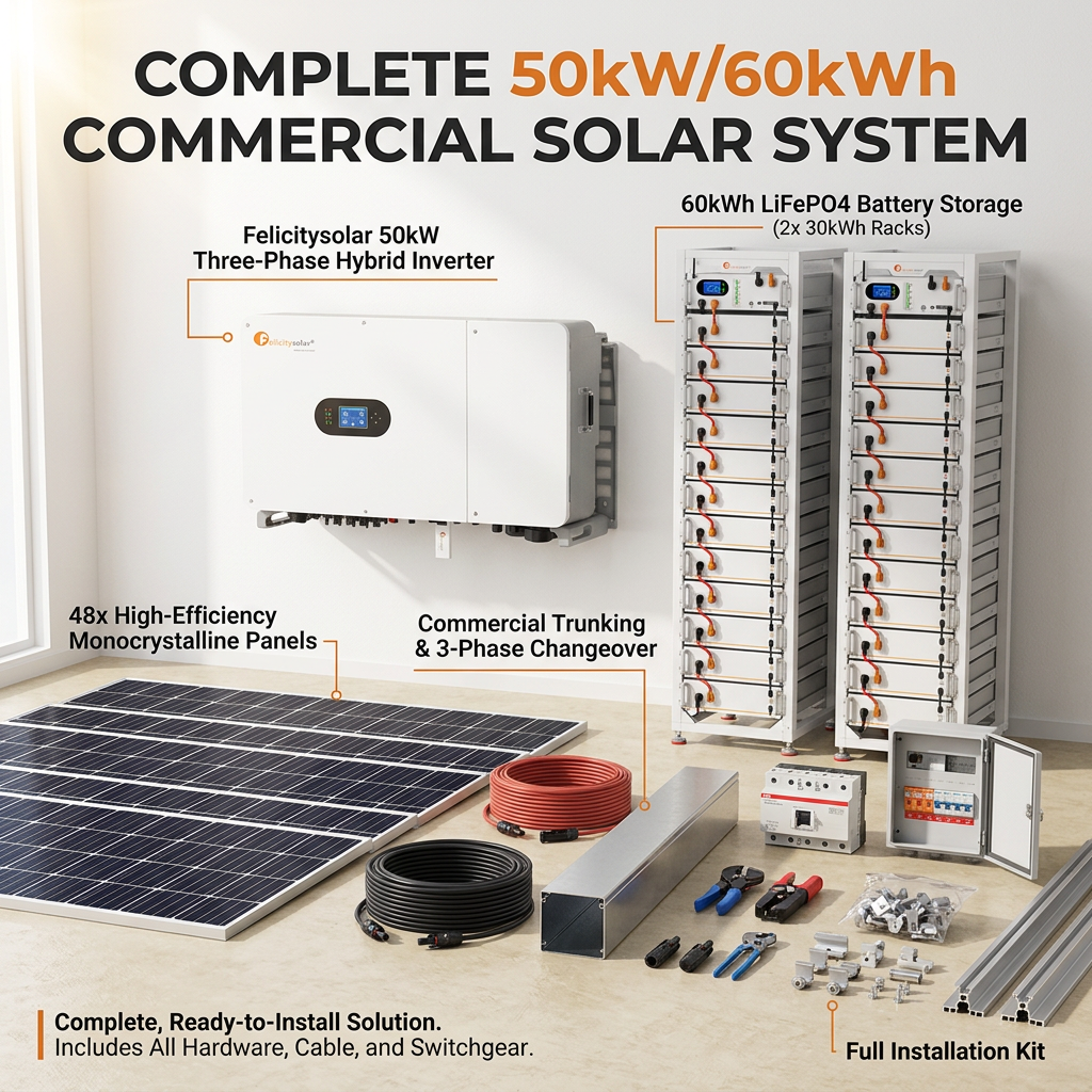 Felicity 120kWh 50kW 3 Phase High Voltage Commercial & Industrial Energy Storage System with 2 x 60kWh Lithium Battery Banks, 100 x 550W Solar Panels, 3 Phase Hybrid Inverter, Changeover