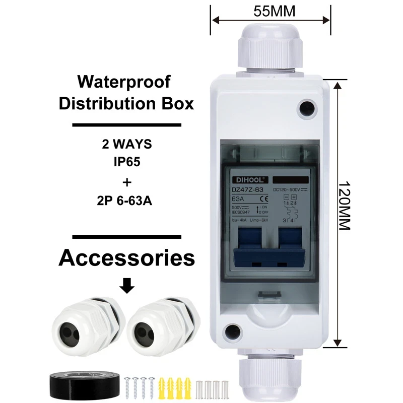 2 ways Solar PV Distribution Board 63A