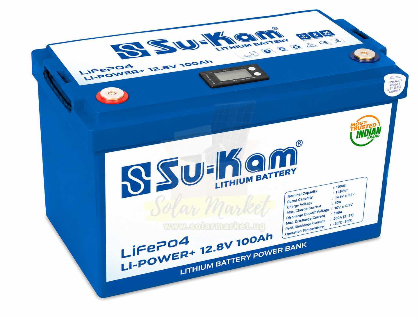 Sukam 12.8V 100Ah 1kWh LiFePO4 Solar Battery for Home and Small Business Backup 11.2-14.6V Voltage Window 100A Continuous Discharge M8 Terminal IP21 Protection (LI100-12)