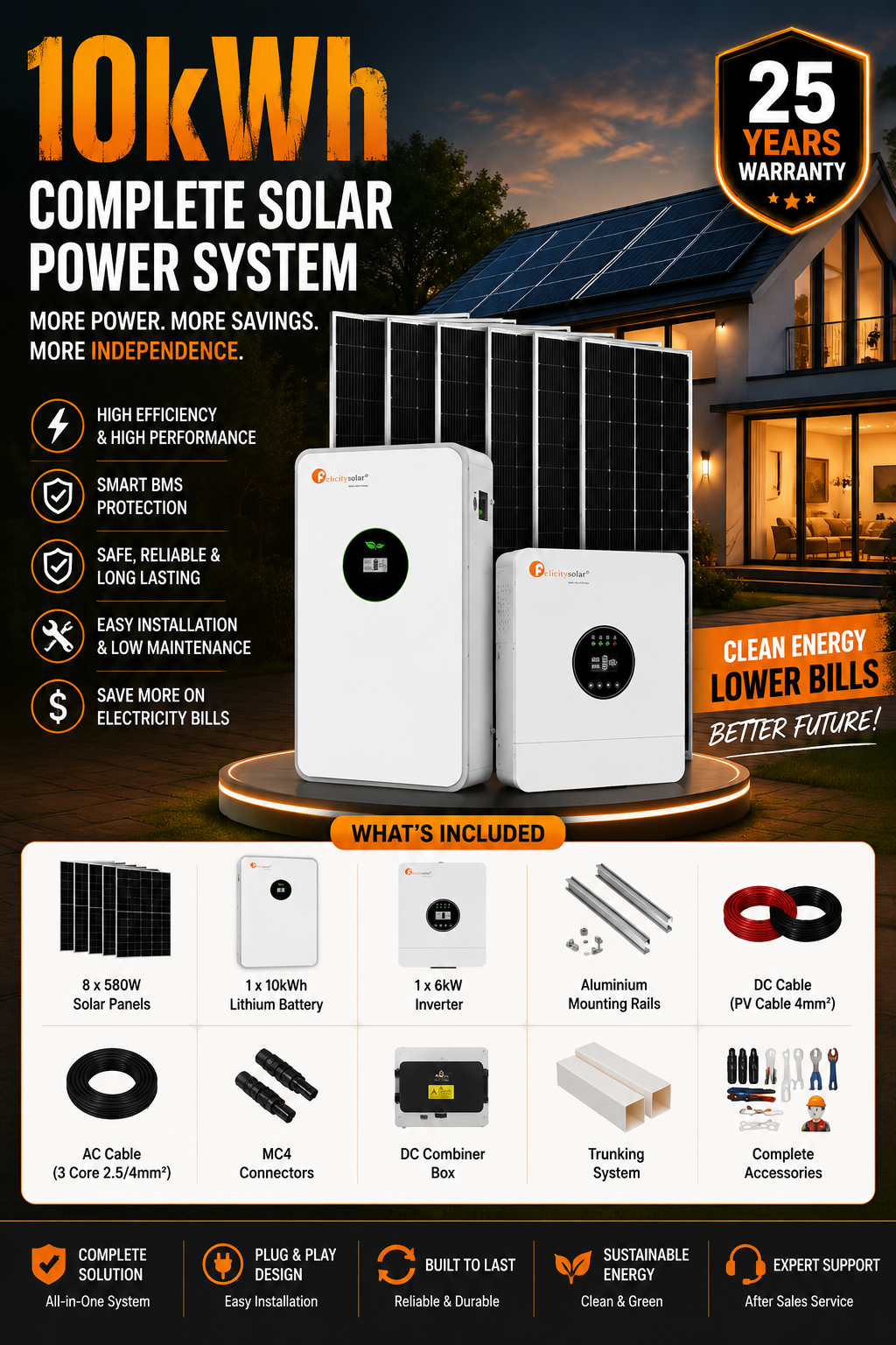 Felicity 10kWh Complete Solar Power System with 6kW Inverter, 10kWh Lithium Battery, 8 x 580W Solar Panels, Mounting Rails, DC/AC Cables, MC4 Connectors, DC Combiner Box, Trunking System