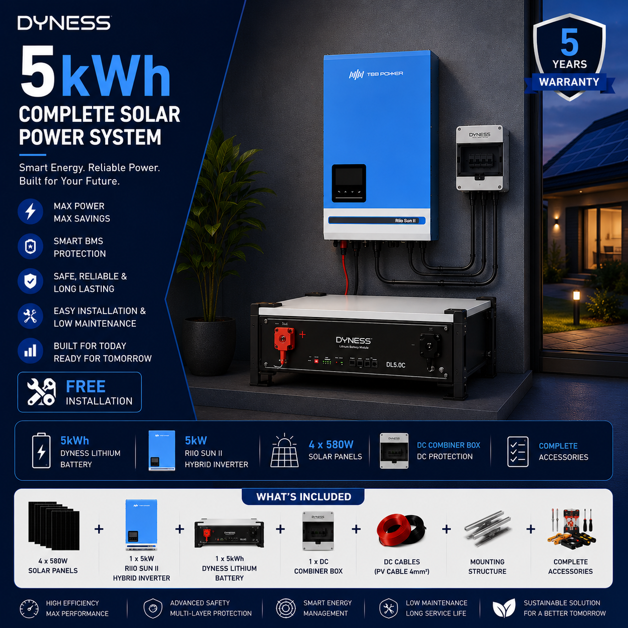 Dyness 5kWh Complete Solar Power System with 5kW Hybrid Inverter, 5kWh Lithium Battery, 4 x 580W Solar Panels, DC Combiner Box, DC Cables, Mounting Structure & Complete Accessories for residential backup, shops, small offices, appliance protection, generator savings and installation-ready solar