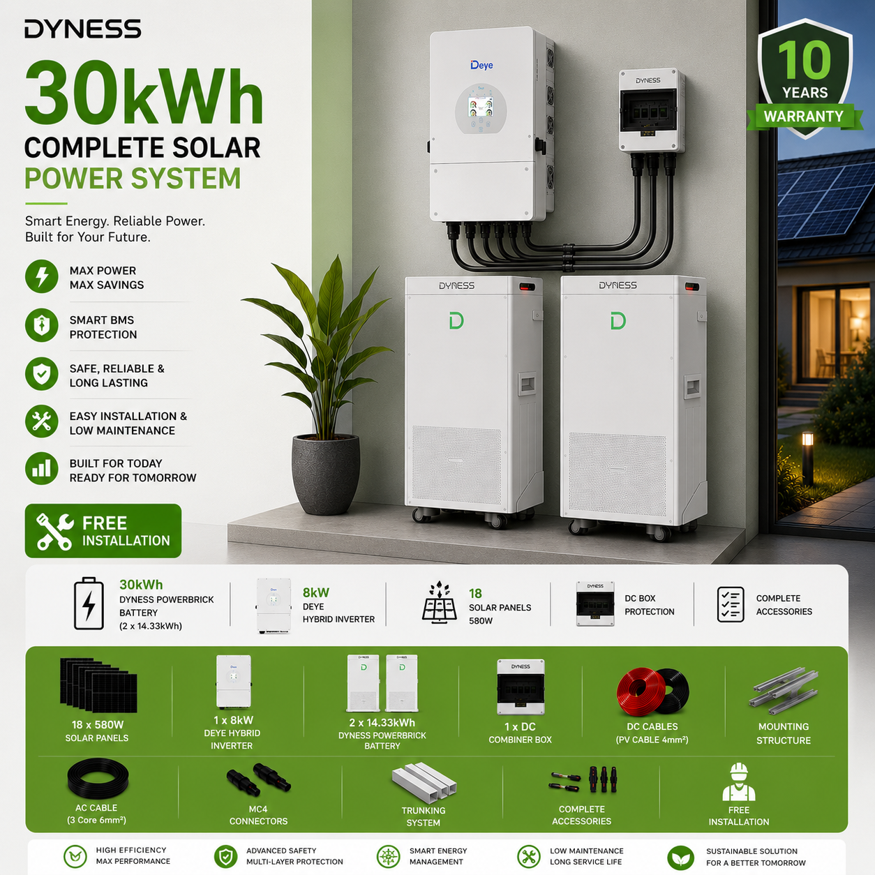 Dyness 30kWh Complete Solar Power System with 12kW Hybrid Inverter, 30kWh Lithium Battery, 18 x 580W Solar Panels, Mounting Rails, DC/AC Cables, MC4 Connectors, DC Combiner Box, ACDB, Trunking System & Complete Installation Accessories. Ideal for Residential backup power, Small office energy