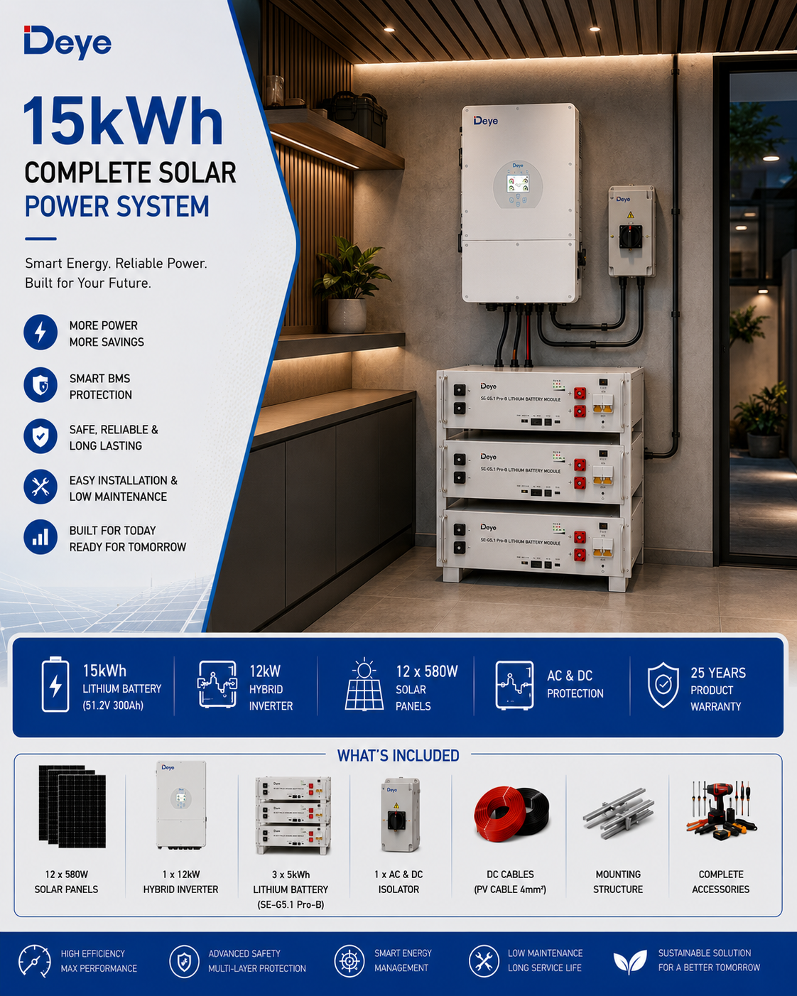 DEYE 15kWh Complete Solar Power System with 8kW Hybrid Inverter, 15kWh Lithium Battery, 10 x 580W Solar Panels, Mounting Rails, DC/AC Cables, MC4 Connectors, DC Combiner Box, ACDB, Trunking System & Complete Installation Accessories. Ideal for Residential backup power, Small office energy support