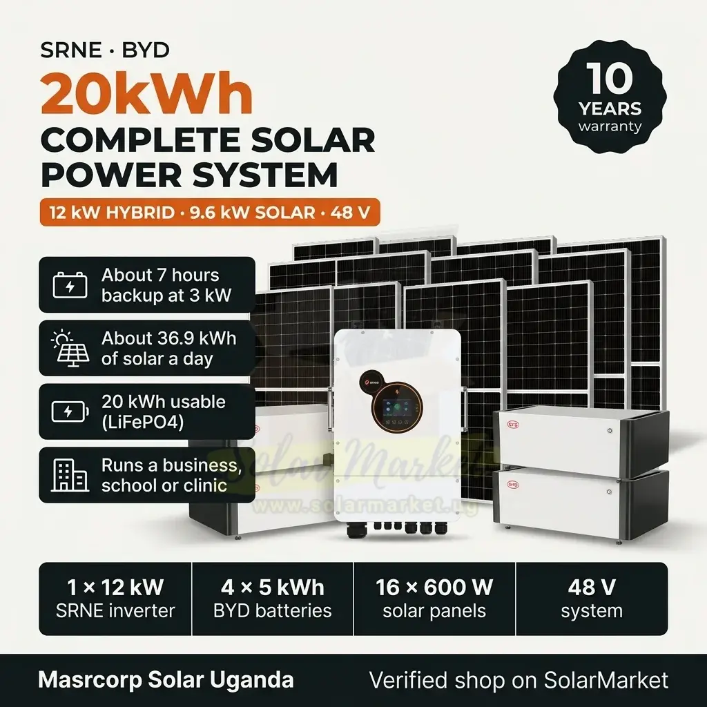 SRNE BYD 20kWh 12kW Hybrid Inverter Complete Solar System for Home and Small Business Backup with 4x BYD 5kWh LiFePO4 Batteries, 16x SRNE 600W Solar Panels (9600W Solar Array), SRNE 12kW Hybrid Inverter, 48V, 10 Year Warranty (20kWh / 12kW Kit)