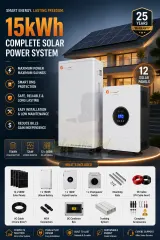 Felicity 15kWh Complete Solar Power System with 12kW Hybrid Inverter, 15kWh Lithium Battery, 12 x 580W Solar Panels, Changeover Switch, Mounting Rails, DC/AC Cables, MC4 Connectors, DC Combiner Box, Trunking System & Complete Accessories