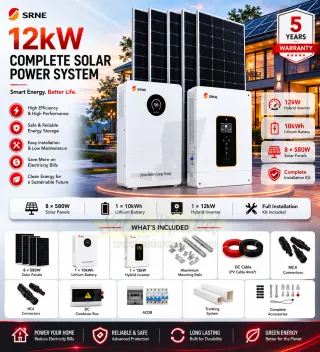 SRNE 10kWh Lithium Complete Solar System for Home and Small Business Backup 12kW Hybrid Inverter 4640W Solar Array 5 Year Warranty (10kWh Pro)