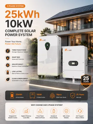 FelicityESS 25kWh 10kW 3 Phase Complete Solar Power System with 25kWh Lithium Battery, 10kW 3 Phase Inverter, 16 x 580W Solar Panels & Commercial Installation Accessories