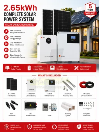 SRNE 2.65kWh Complete Solar System for Home and Small Business Backup 3kW Hybrid Inverter 51.2V Lithium Battery 1160W Solar Array 230VAC Output (2.65kWh)