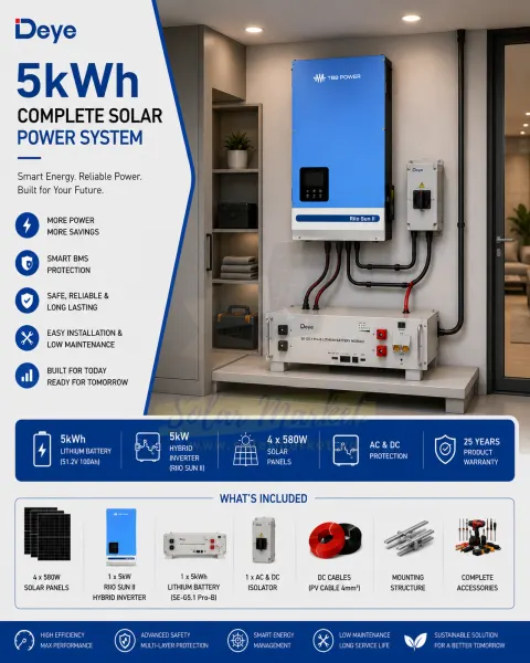 Deye 5kWh Complete Solar System for Home and Small Business Backup 51.2V 100Ah Lithium Battery 5kW Inverter Hybrid Inverter 2.32kW PV Array 4x580W Panels (5kWh Pro)