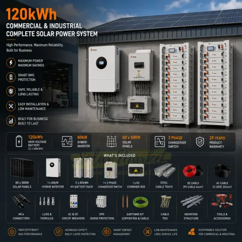 SRNE 60kW 120kWh High Voltage Lithium Complete Solar System for Commercial and Industrial Backup with 46.4kW Solar Array, Dual Battery, Hybrid Inverter, 25-Year Warranty (120kWh HV)