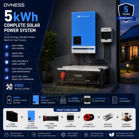 Dyness 5kWh Complete Solar System for Home and Small Business Backup 5kW Inverter 2.32kW PV Array 51.2V Lithium Battery 580W Panels 4-Piece Mounting Structure Included (5kwh Pro)