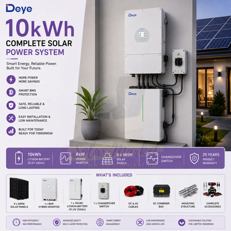 Deye 8kW Inverter Complete Hybrid Solar Power System for Home backup power and Small business energy 4.64kW / 4640W PV 10kWh Battery (10kwh)