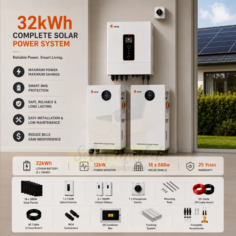 SRNE 12kW 32kWh Complete Solar System for Home and Business Backup 230VAC Output 580W Solar Panels 18-Panel Array 25-Year Warranty (32kwh)